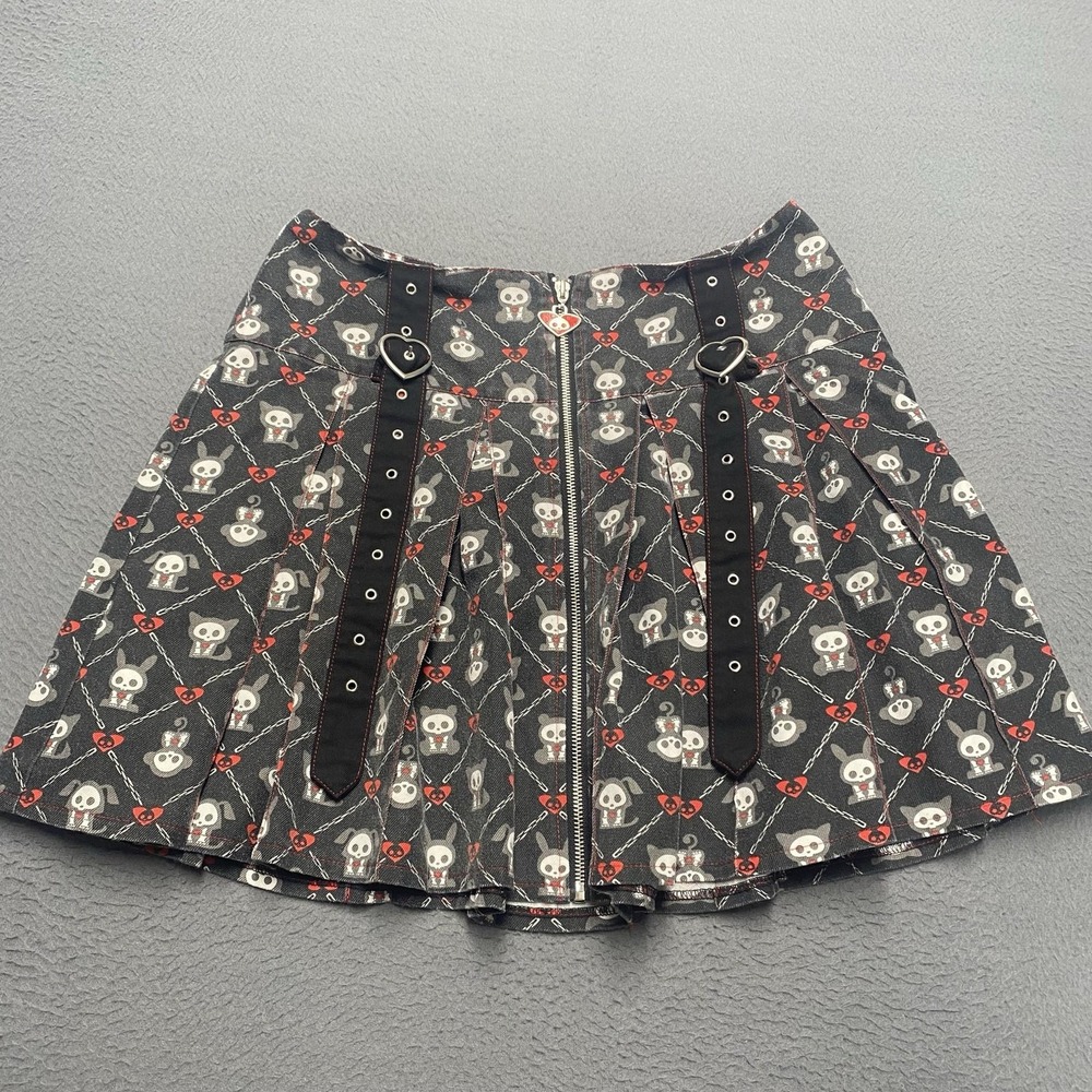 Skelanimals Skirt Womens Large Black Pleated Chain Heart Print Zip Front Straps